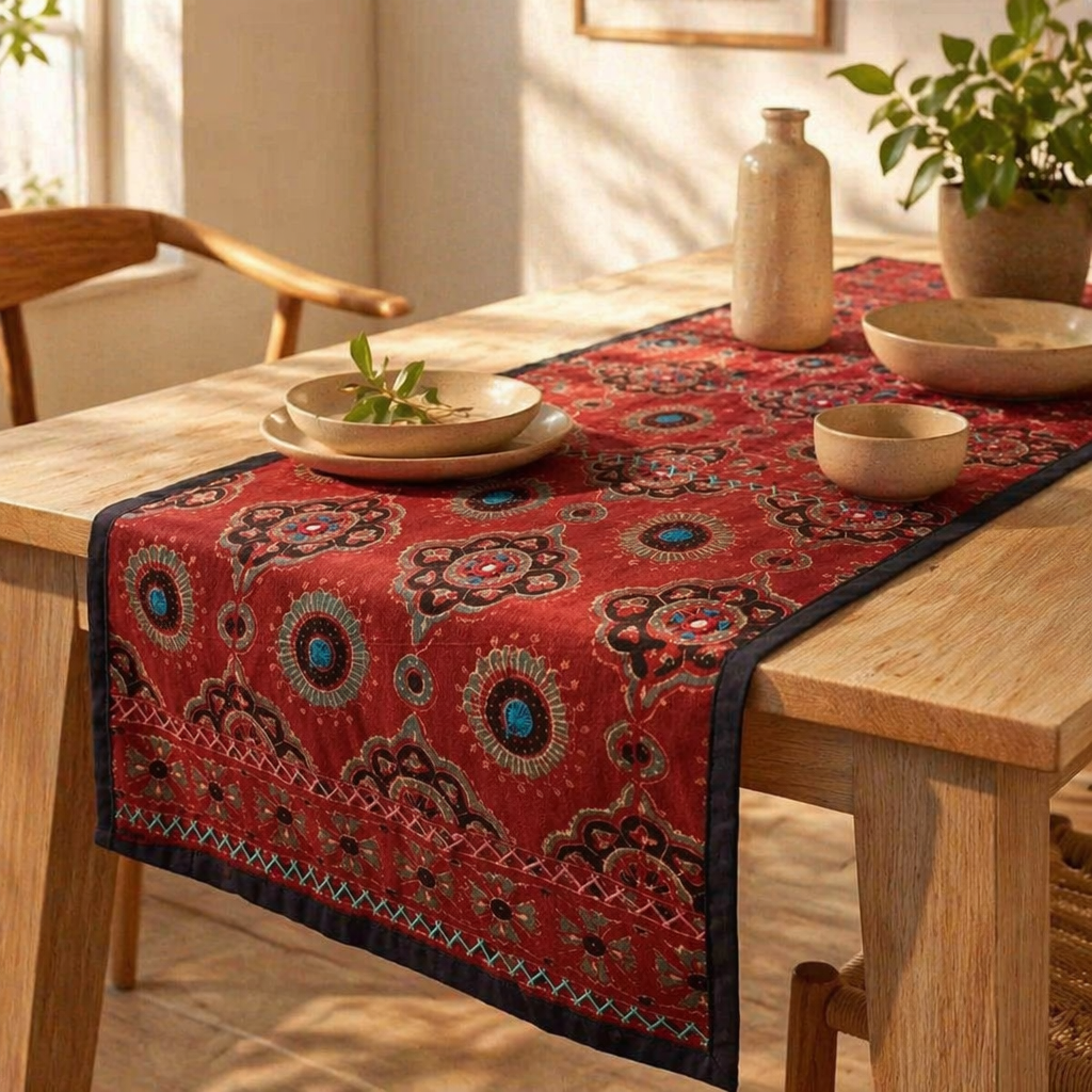 Ajrakh Red Block-Printed Cotton Table Runner, The Gathered Table. Handmade in India by House of Taraasha.