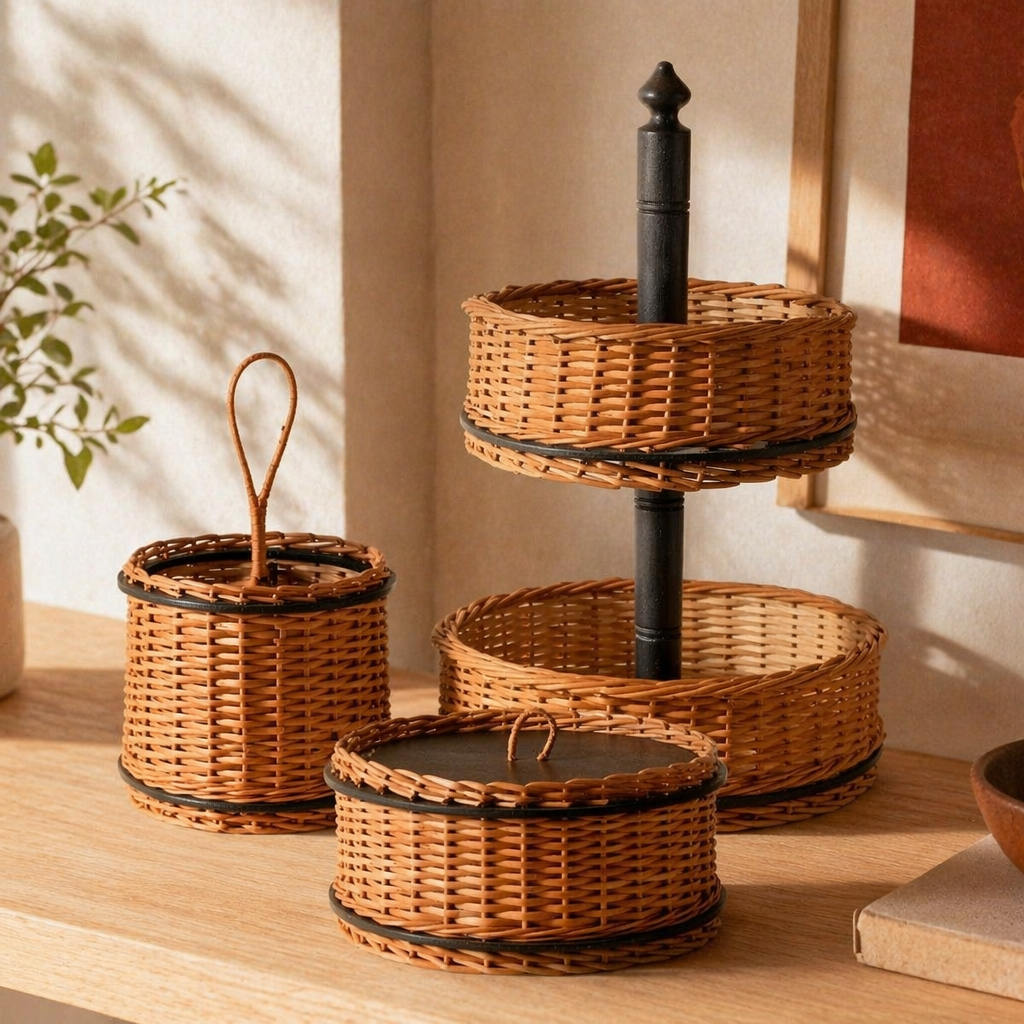 Kashmiri Willow Wicker Table Set: Basket, Box & Cutlery, The Wicker House. Handmade in India by House of Taraasha.