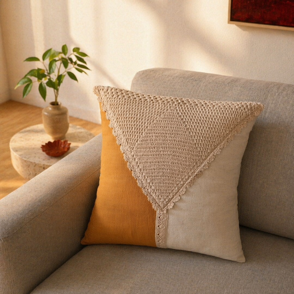 Crochet-Flap Mustard and Off-White Square Cushion Cover, The Living Room. Handmade in India by House of Taraasha.