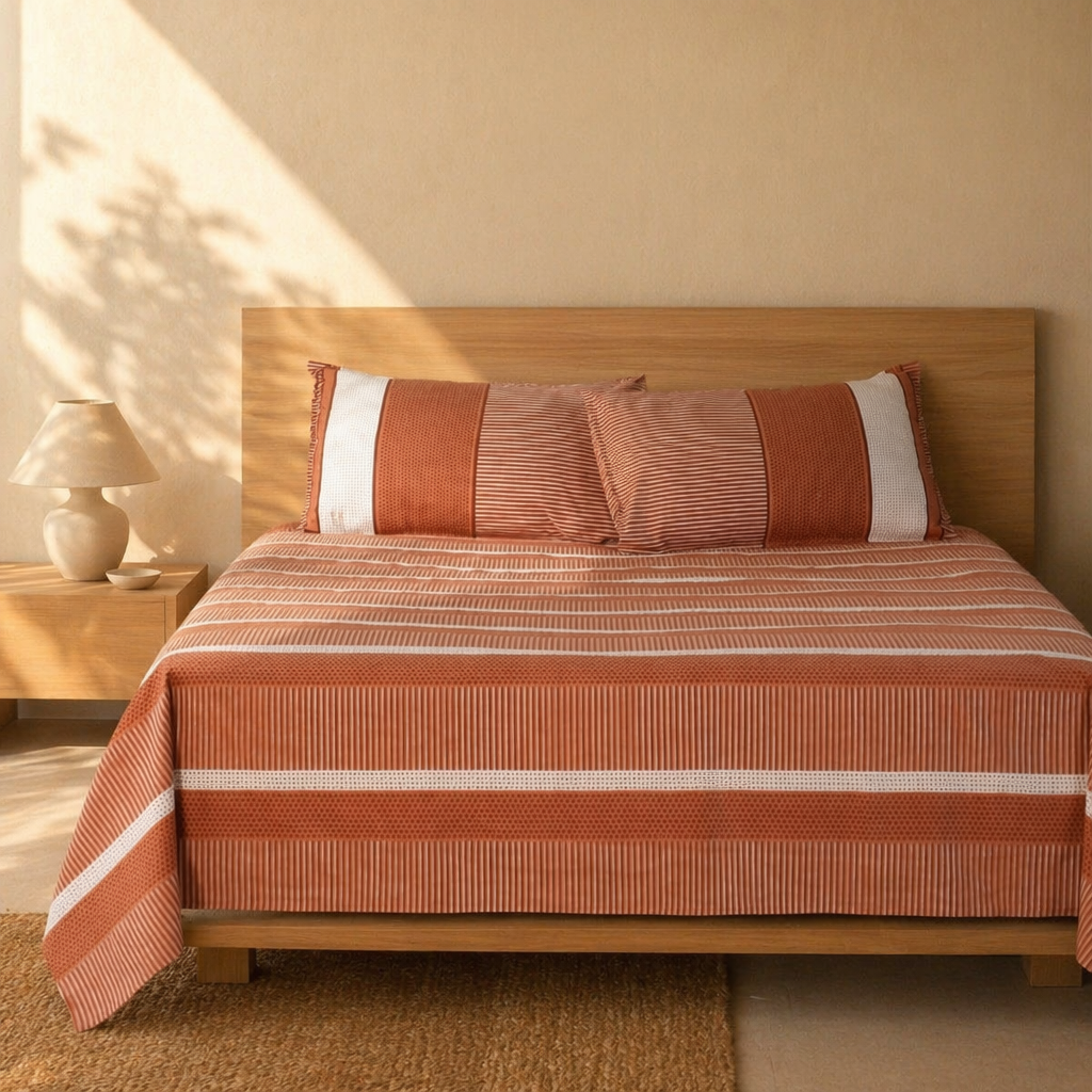 Marigold Rust and Off-White Block-Printed Bedsheet, The Linen Room. Handmade in India by House of Taraasha.