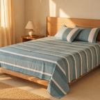 Marigold Teal and Off-White Block-Printed Bedsheet, The Linen Room. Handmade in India by House of Taraasha.