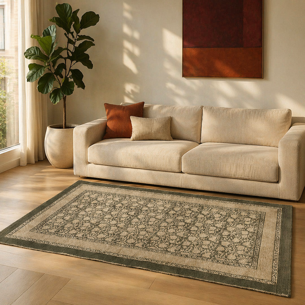 Ivory and Charcoal Hand Block-Printed Cotton Rug, The Woven Floor. Handmade in India by House of Taraasha.