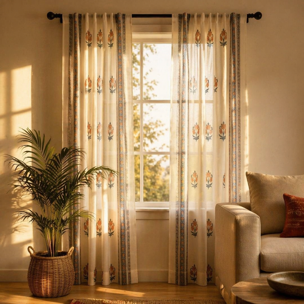 Sheer Blue and Dusty Pink Mulmul Curtain, The Draped Window. Handmade in India by House of Taraasha.