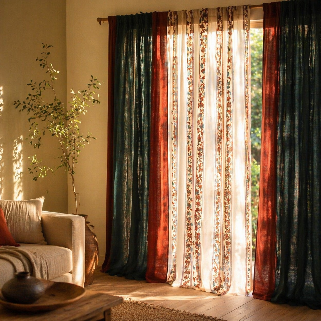 Chintz Assorted Set Off-White, Navy and Brick Red Cotton Curtains, The Draped Window. Handmade in India by House of Taraasha.