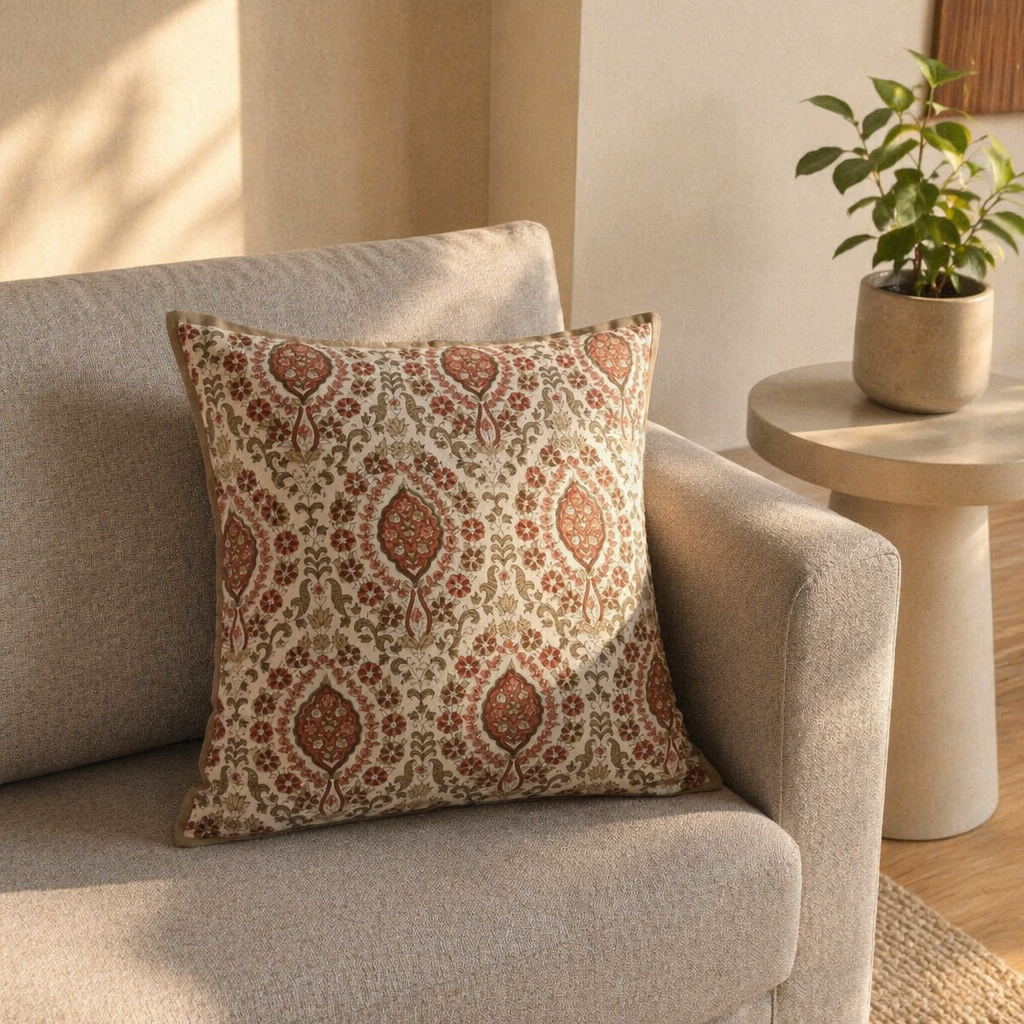 Ivory and Rust Vintage Pattern Block-Printed Cushion Cover, The Living Room. Handmade in India by House of Taraasha.