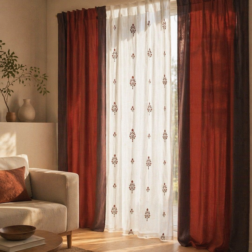 Handwoven & Mulmul Sheer Blue and Dusty Pink Curtain Set, The Draped Window. Handmade in India by House of Taraasha.