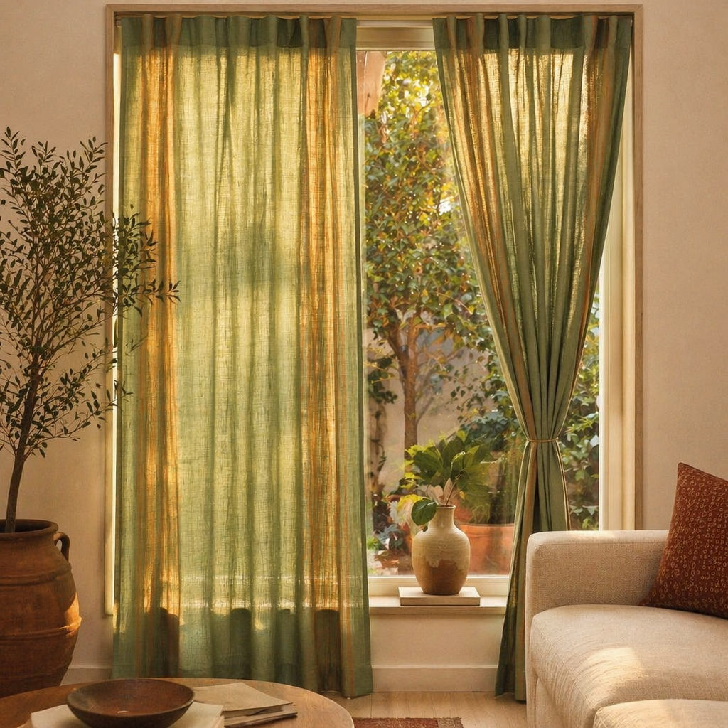 Handwoven Solid Sage and Teal Cotton Door Curtain, The Draped Window. Handmade in India by House of Taraasha.