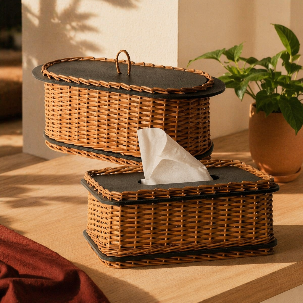 Kashmiri Willow Wicker Bread Box & Tissue Holder, The Wicker House. Handmade in India by House of Taraasha.
