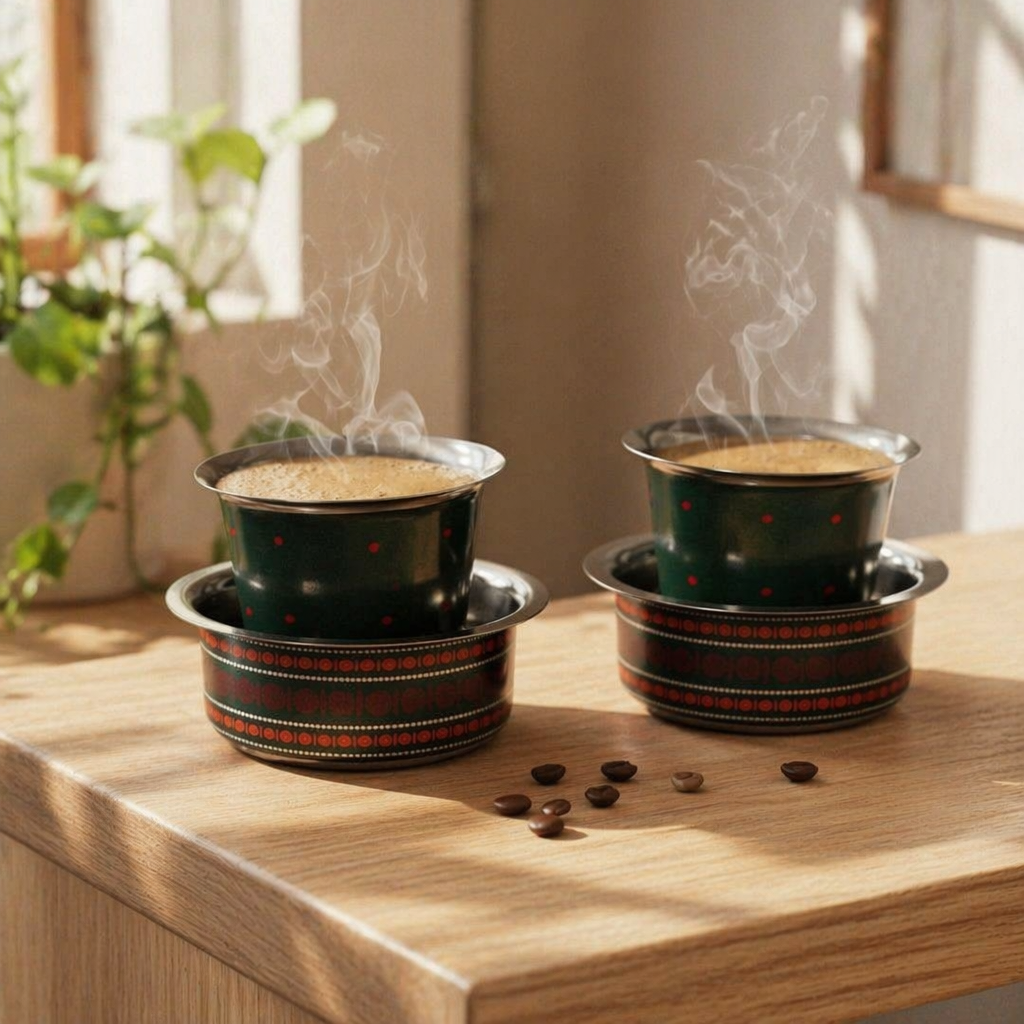 Kanjeevaram Enamel Steel Coffee Dabara Set, The Brass Atelier. Handmade in India by House of Taraasha.