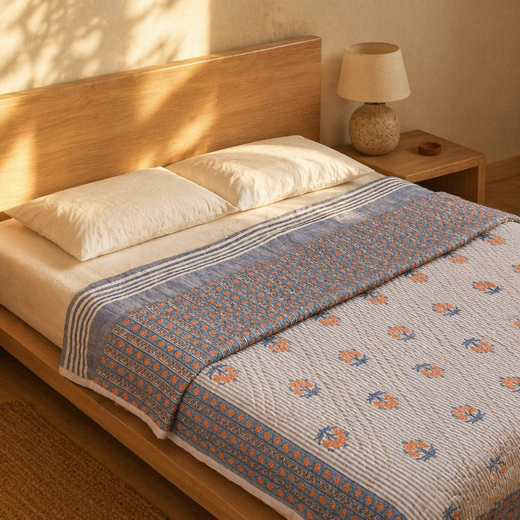 Dusty Pink & Blue Reversible Mulmul Quilt, The Linen Room. Handmade in India by House of Taraasha.