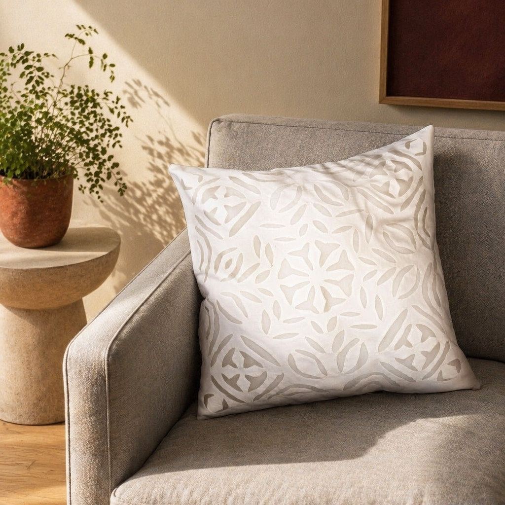 Gudri Cutwork Off-White Cotton Cushion Cover, The Living Room. Handmade in India by House of Taraasha.