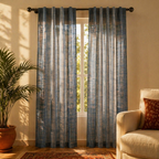 Handwoven Blue Striped Border Cotton Door Curtain, The Draped Window. Handmade in India by House of Taraasha.