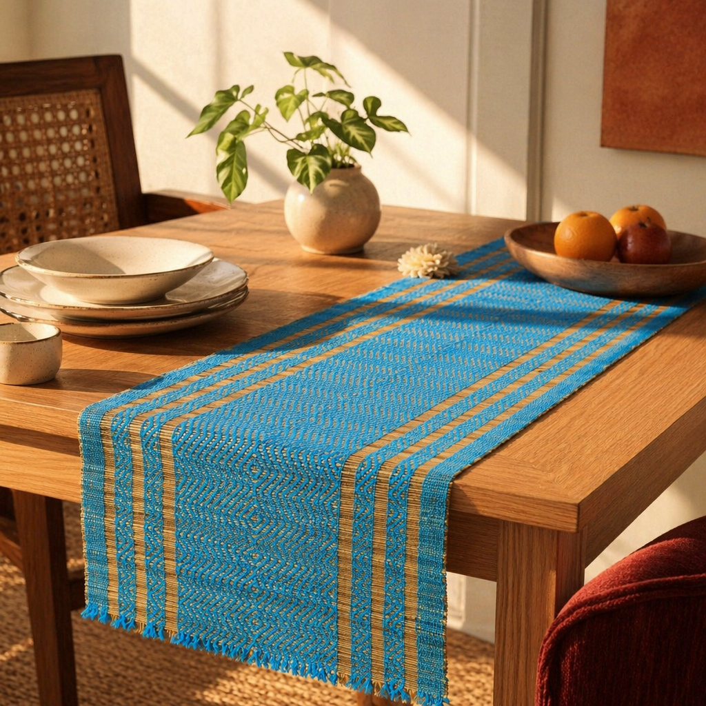 Madur Blue Handwoven Grass Runner, 4-Seater, The Gathered Table. Handmade in India by House of Taraasha.