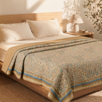Ivory Taupe & Powder Blue Chintz-Inspired Quilt, The Linen Room. Handmade in India by House of Taraasha.