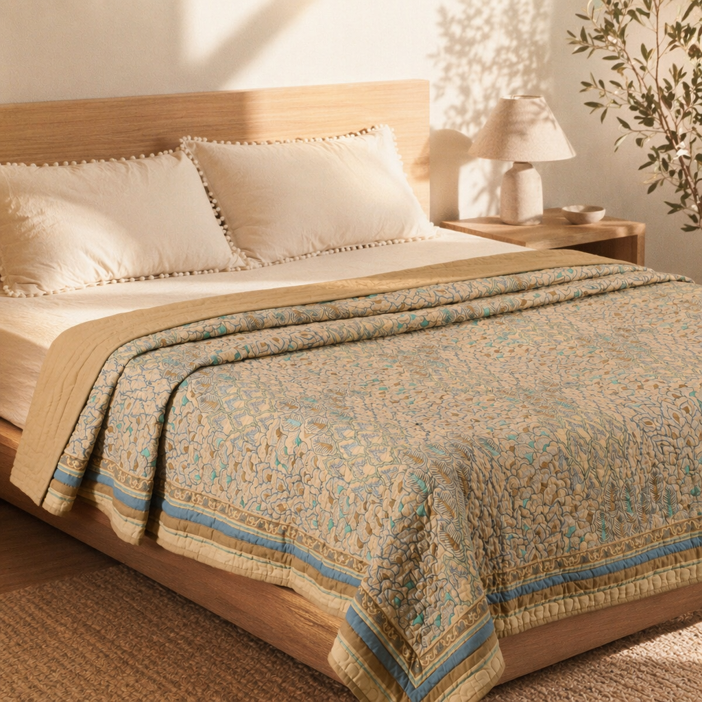 Ivory Taupe & Powder Blue Chintz-Inspired Quilt, The Linen Room. Handmade in India by House of Taraasha.