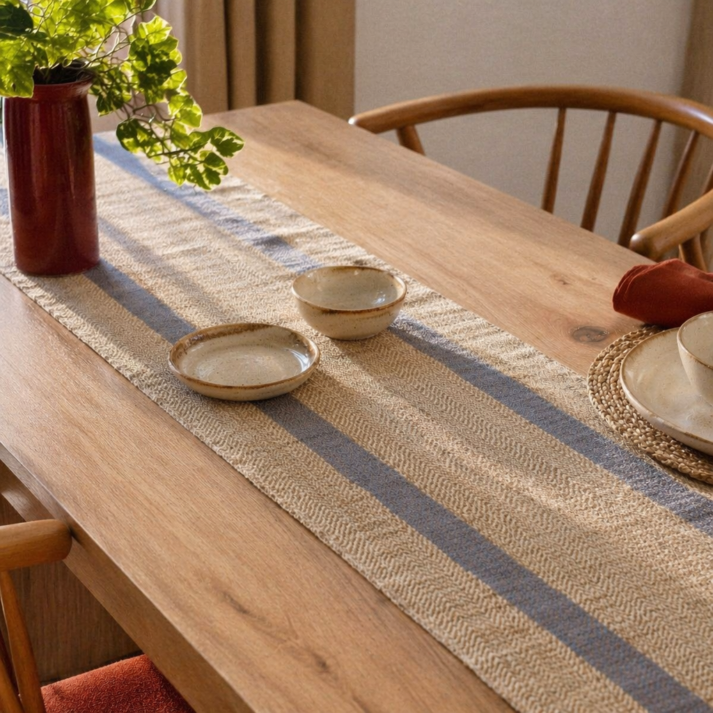 Madur Blue Handwoven Grass Table Runner, The Gathered Table. Handmade in India by House of Taraasha.