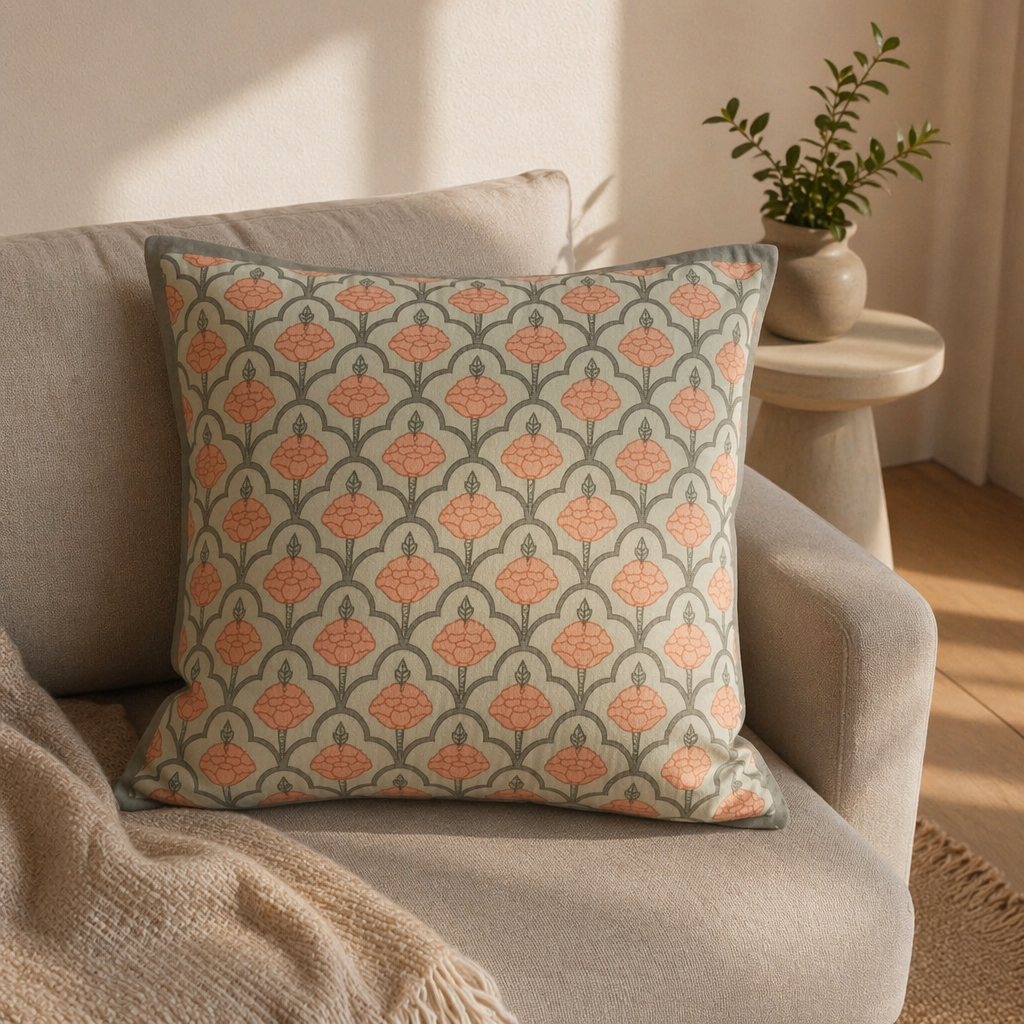 Jaali and Floral Green and Dusty Pink Cushion Cover Set of 5, The Living Room. Handmade in India by House of Taraasha.