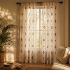 Mulmul Sheer Hand-Printed Rust and Green Floral Curtain, The Draped Window. Handmade in India by House of Taraasha.