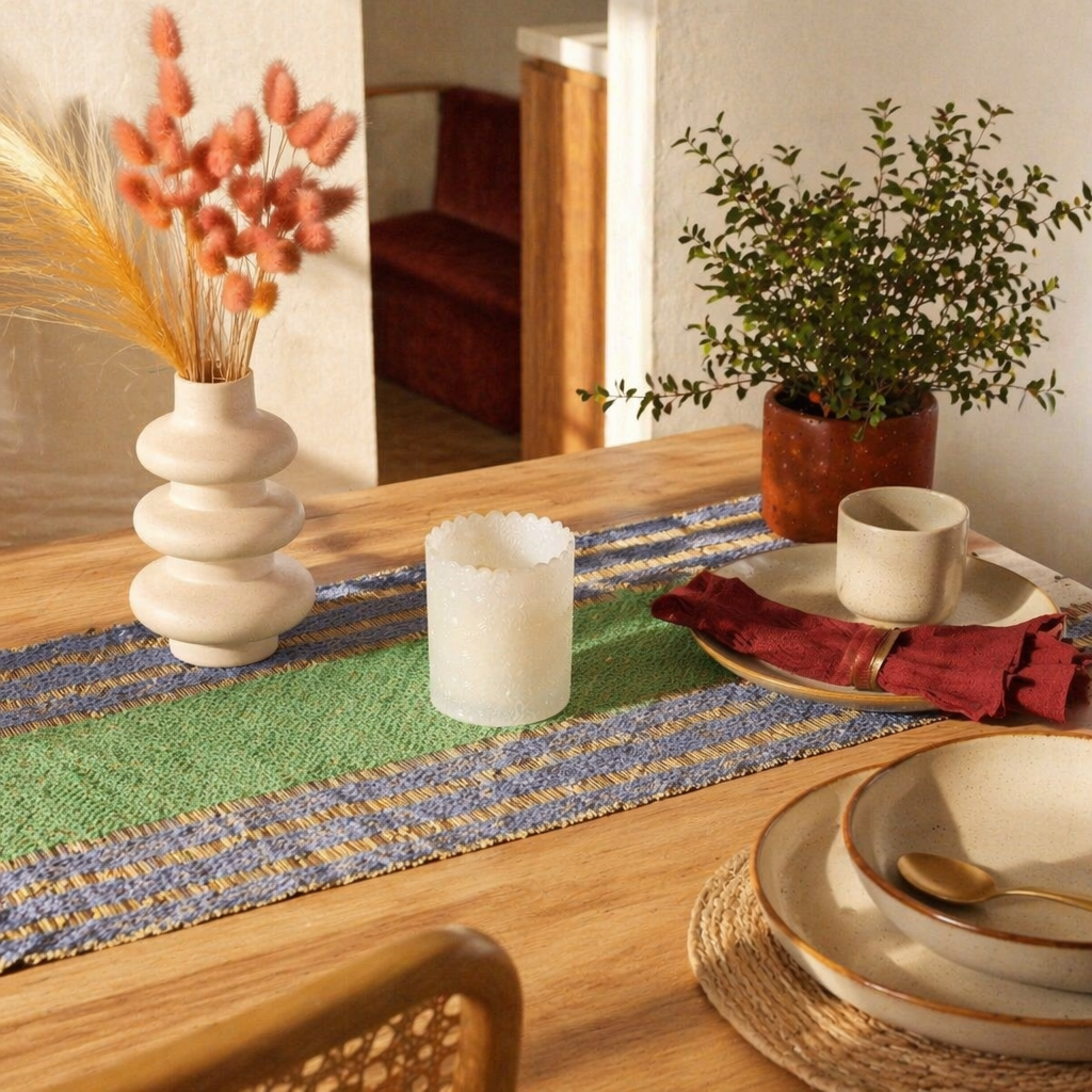 Madur Teal & Blue Handwoven Grass Runner, The Gathered Table. Handmade in India by House of Taraasha.