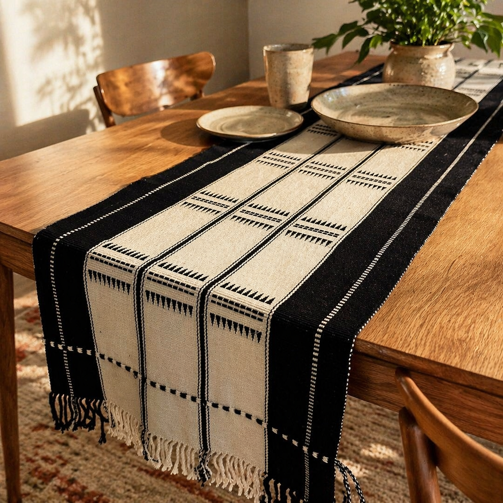 Naga Backstrap-Woven Runner Monochrome Stripe, The Gathered Table. Handmade in India by House of Taraasha.
