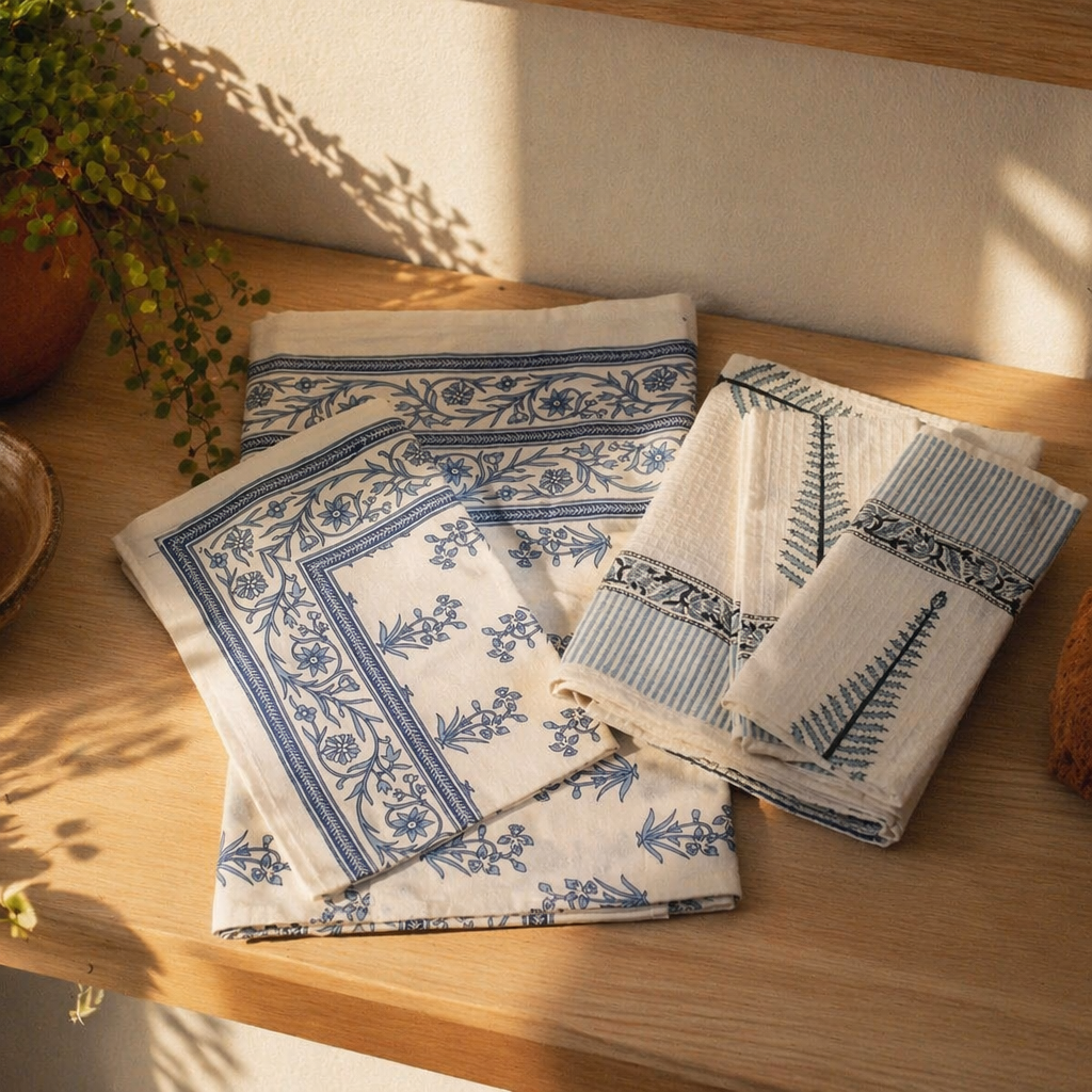 White and Blue Floral Bed and Bath Gift Set, The Gift Room. Handmade in India by House of Taraasha.