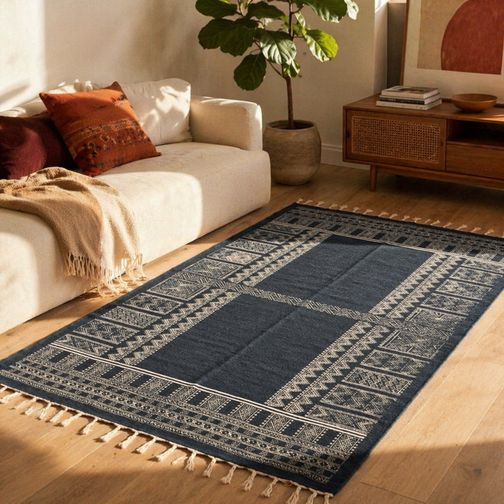 Jaipuri Dark Blue Hand-Printed Cotton Floor Rug, The Woven Floor. Handmade in India by House of Taraasha.