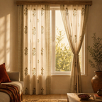 Sheer Taupe and Olive Green Mulmul Curtain, The Draped Window. Handmade in India by House of Taraasha.