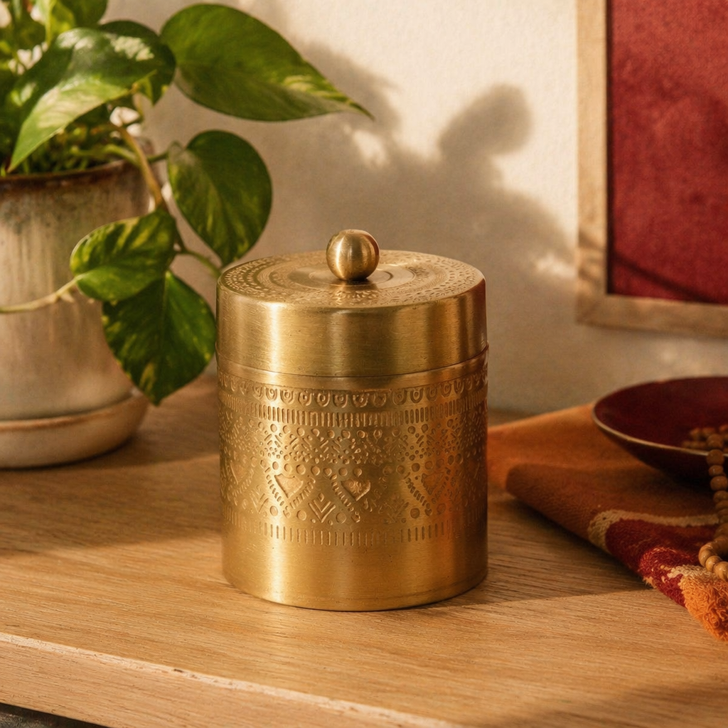 Moradabad Floral-Etched Pure Brass Dabba, The Brass Atelier. Handmade in India by House of Taraasha.