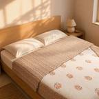 Dusty Pink Floral & Geometric Mulmul Quilt, The Linen Room. Handmade in India by House of Taraasha.