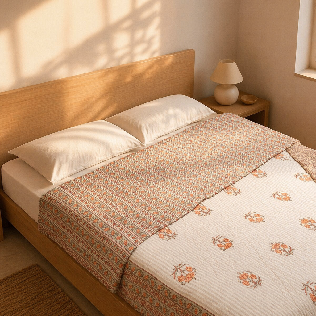 Dusty Pink Floral & Geometric Mulmul Quilt, The Linen Room. Handmade in India by House of Taraasha.