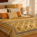 Sage & Mustard Mulmul Quilt, Marigold Motif, The Linen Room. Handmade in India by House of Taraasha.