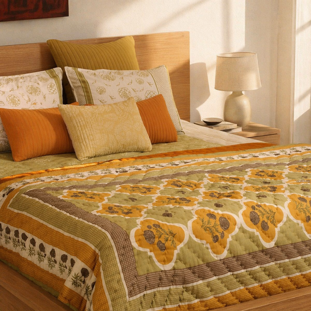 Sage & Mustard Mulmul Quilt, Marigold Motif, The Linen Room. Handmade in India by House of Taraasha.
