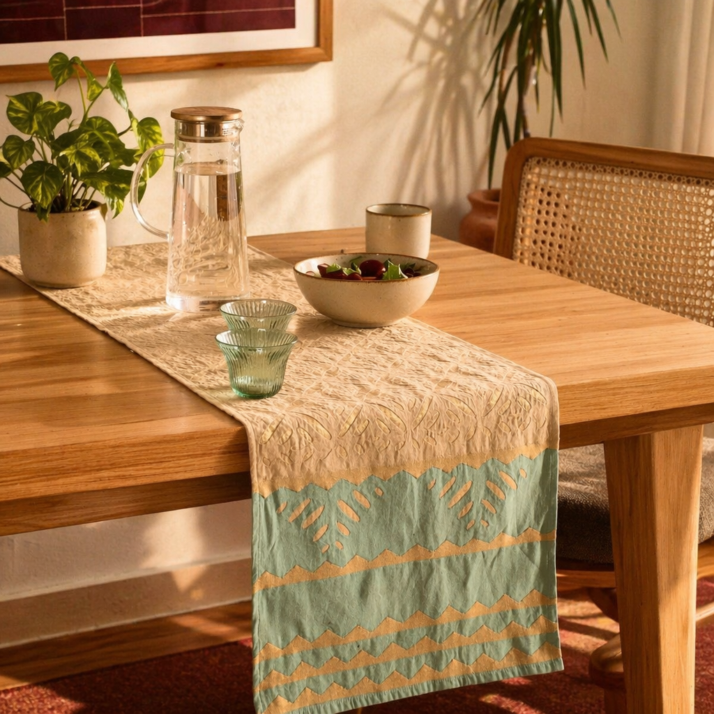 Applique Cutwork Runner Taupe and Teal Blue, The Gathered Table. Handmade in India by House of Taraasha.
