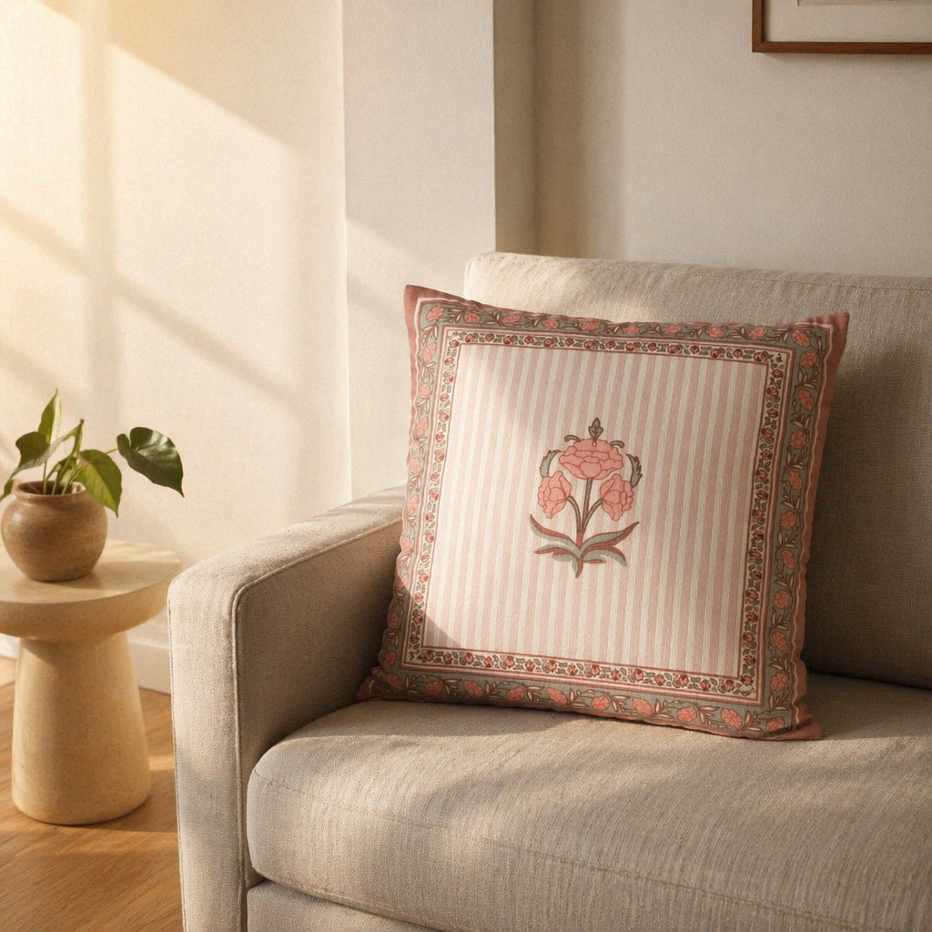 Royal Courtyards Dusty Pink Floral Cotton Cushion Cover, The Living Room. Handmade in India by House of Taraasha.