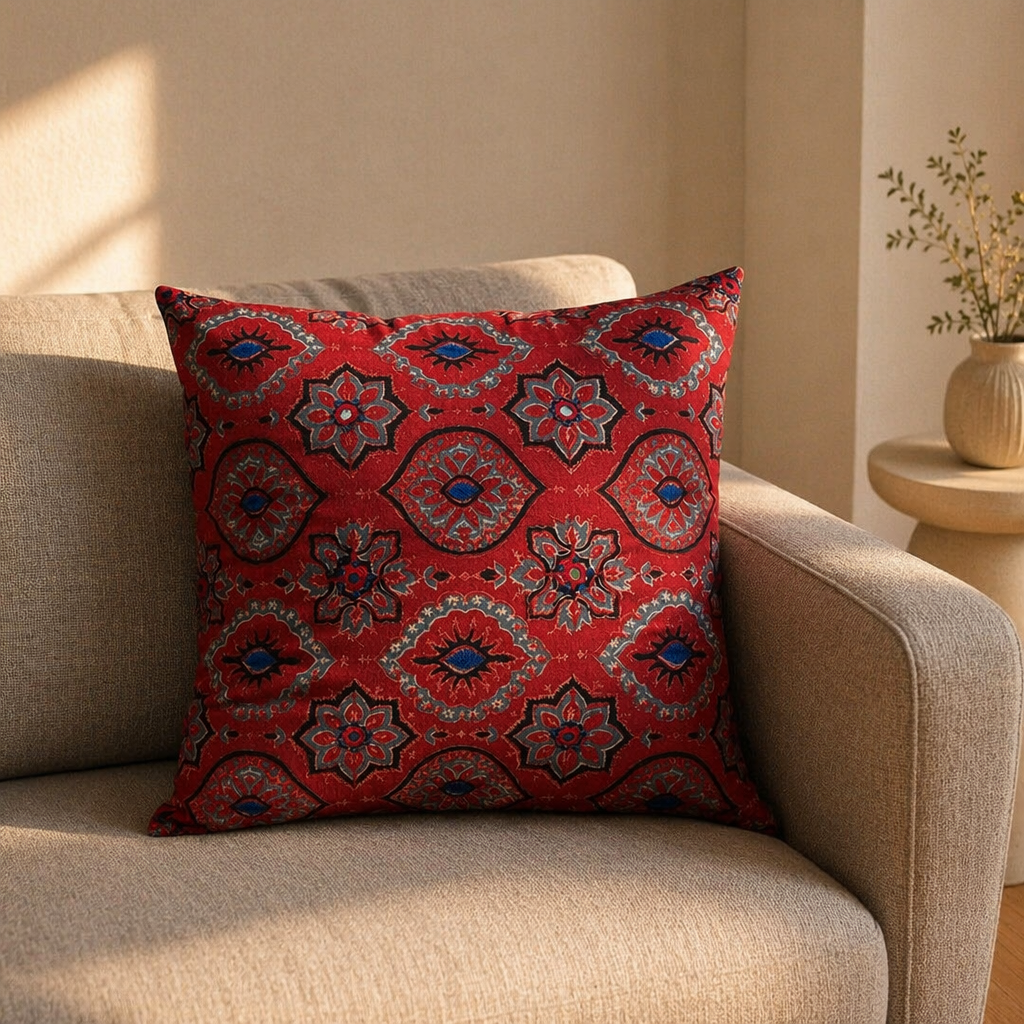 Ajrakh Brick Red Embroidered Cushion Cover, The Living Room. Handmade in India by House of Taraasha.