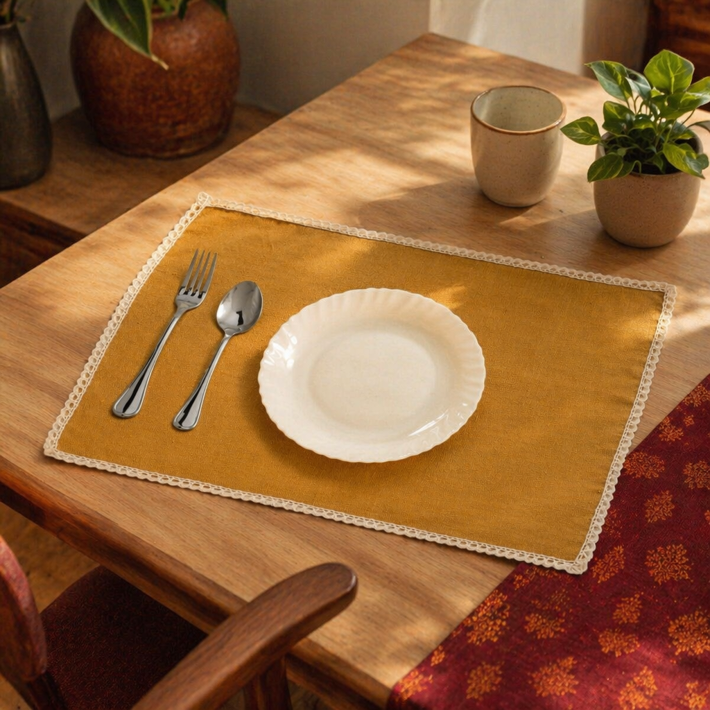 Crochet-Edged Table Mats Mustard and Off-White, The Gathered Table. Handmade in India by House of Taraasha.