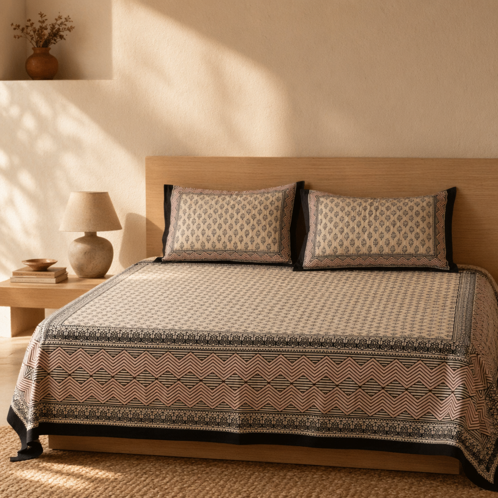 Bagru Floral Cotton Bedsheet with Pillow Covers, The Linen Room. Handmade in India by House of Taraasha.