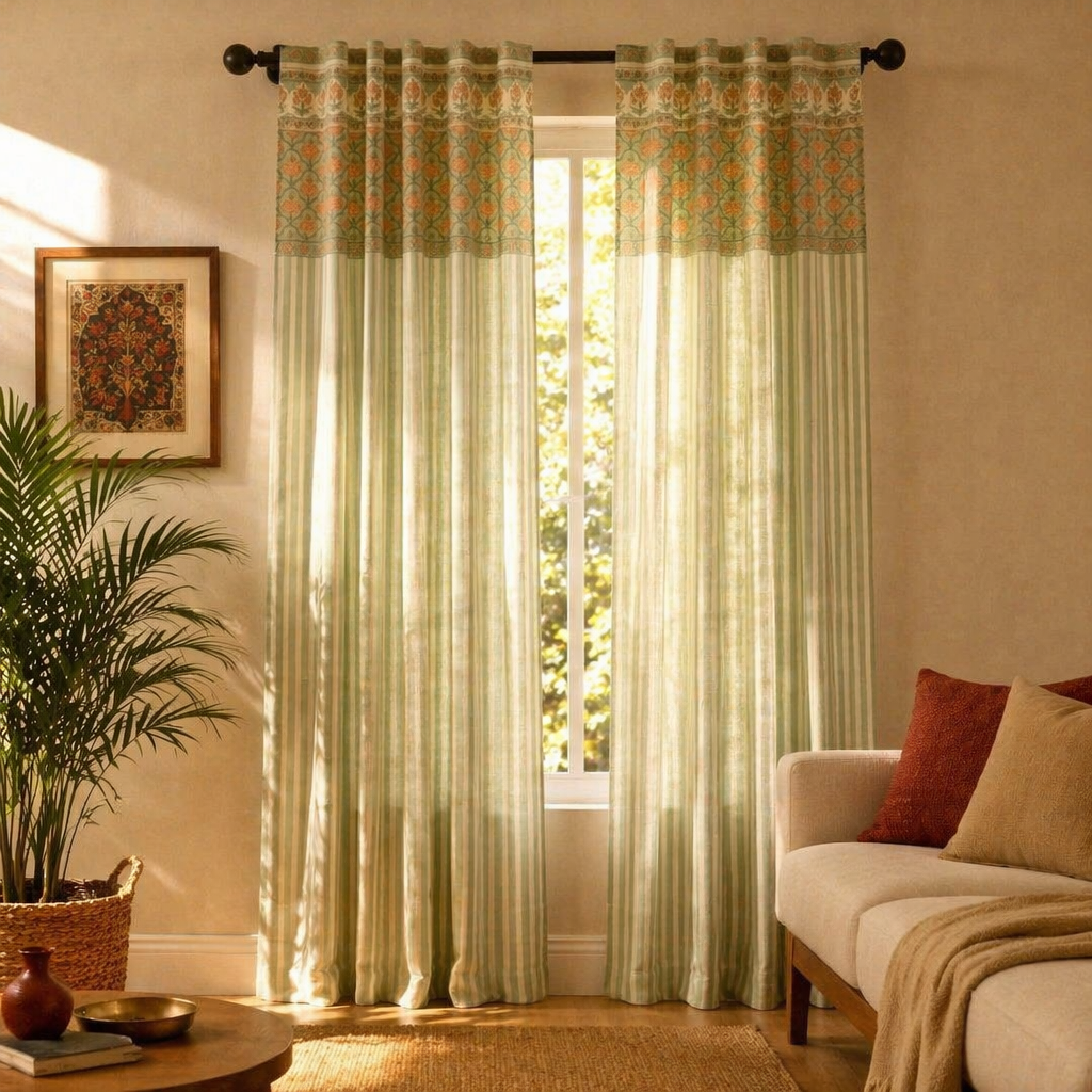 Green and Dusty Pink Floral Stripe Cotton Door Curtain, The Draped Window. Handmade in India by House of Taraasha.
