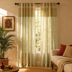 Green and Dusty Pink Floral Stripe Cotton Door Curtain, The Draped Window. Handmade in India by House of Taraasha.