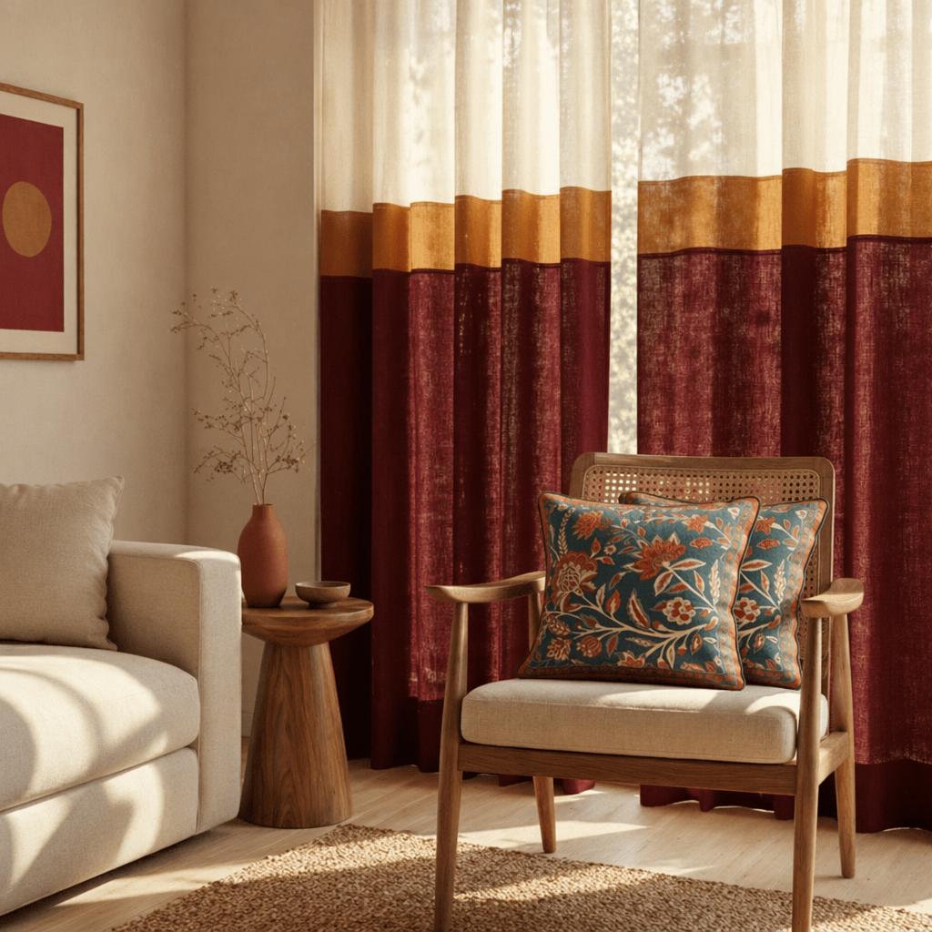 Reversible Navy Cotton Curtain and Cushion Room Set, The Draped Window. Handmade in India by House of Taraasha.