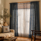 Handwoven & Printed Blue and Dusty Pink Cotton Curtains, The Draped Window. Handmade in India by House of Taraasha.