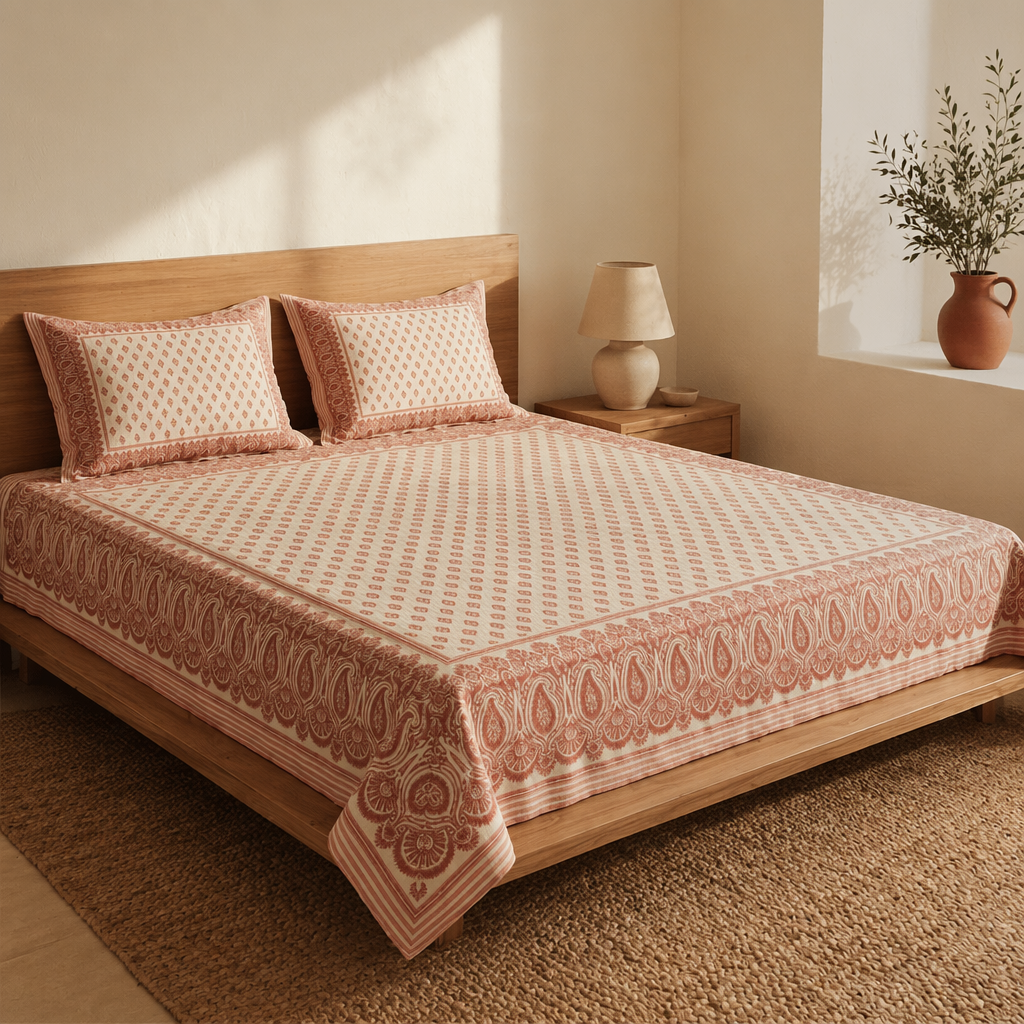 Sanganer Hand-Printed Cotton Bedsheet, Peach & Ivory, The Linen Room. Handmade in India by House of Taraasha.