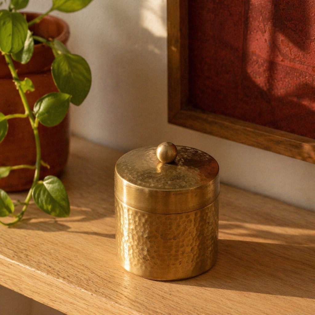 Moradabad Hammered Pure Brass Dabba, Small, The Brass Atelier. Handmade in India by House of Taraasha.