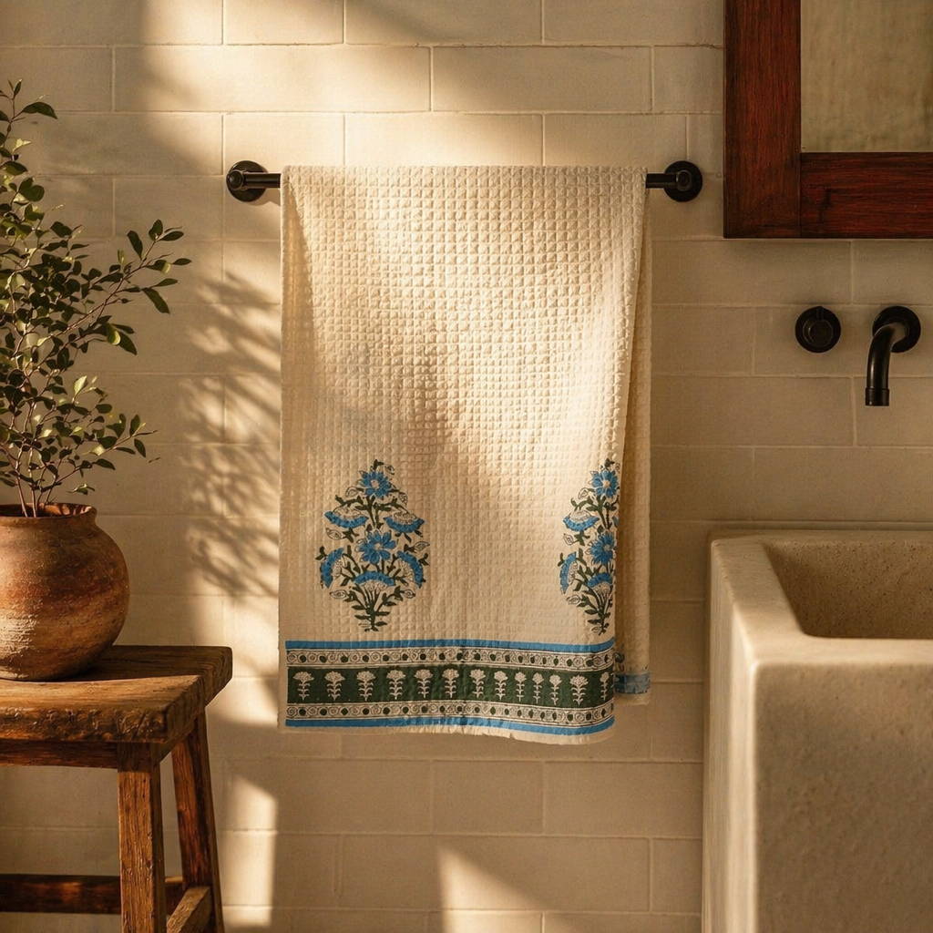 Block-Printed Waffle Hand-Printed Cotton Bath Towel, The Linen Room. Handmade in India by House of Taraasha.