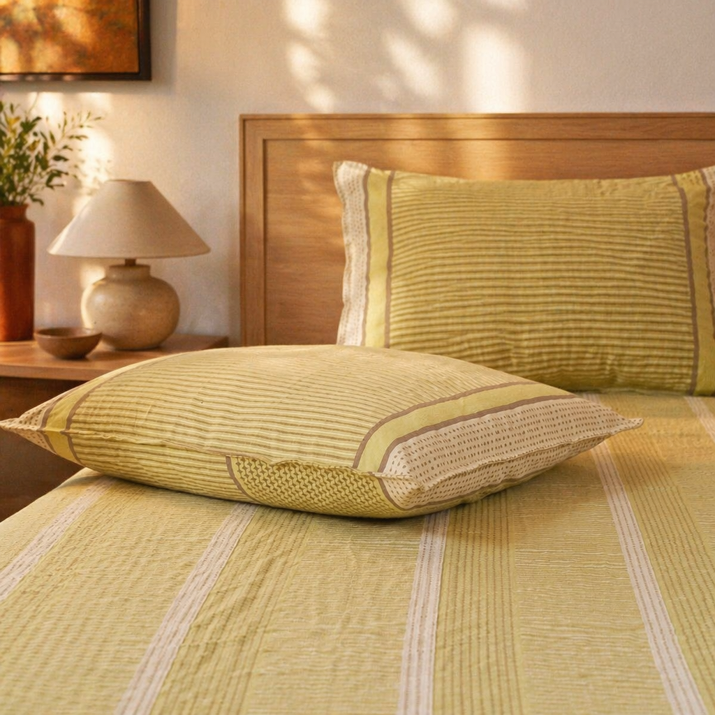 Sage Green & White Textured Sanganer Bedsheet, The Linen Room. Handmade in India by House of Taraasha.