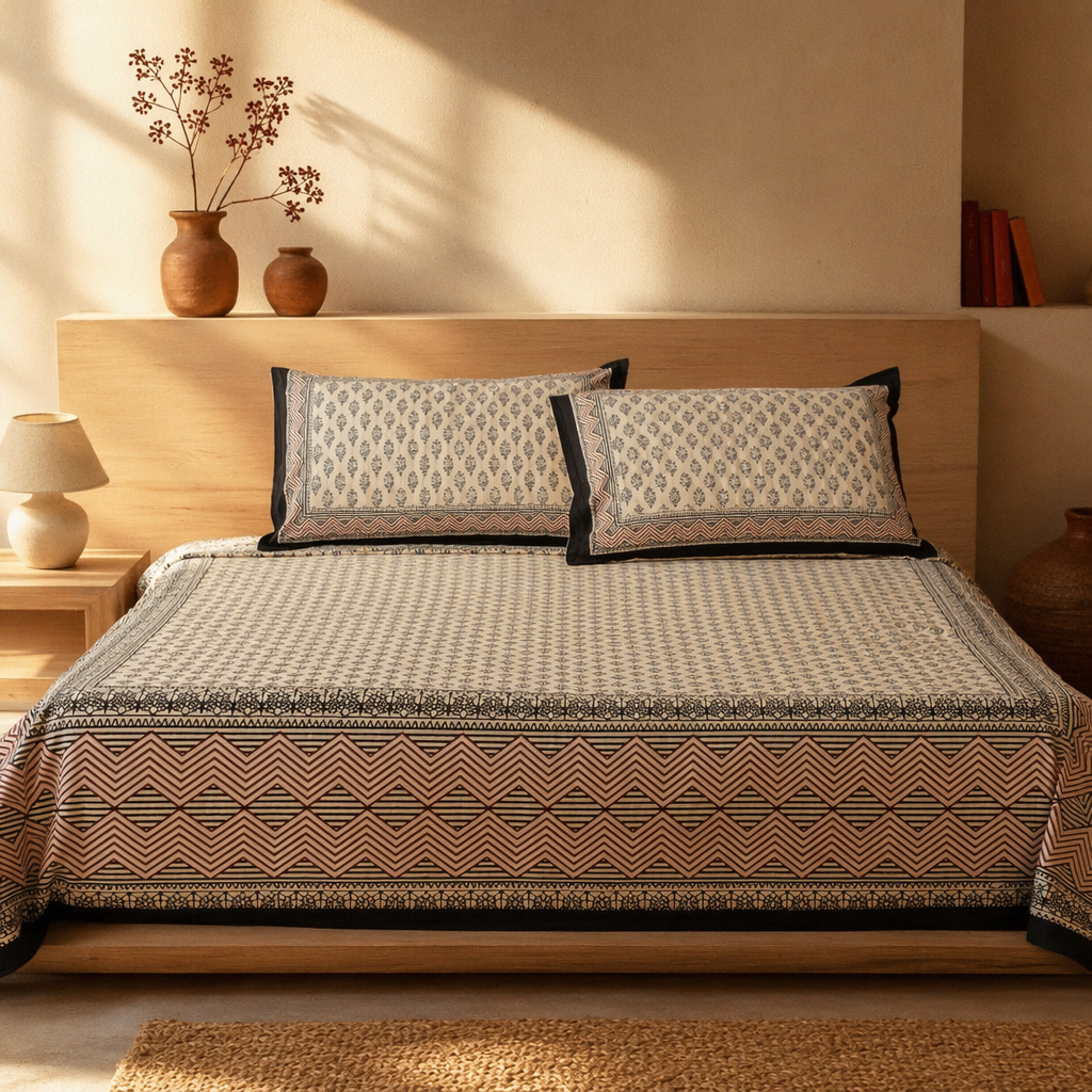 Beige & Maroon Bagru Floral Bedsheet, The Linen Room. Handmade in India by House of Taraasha.
