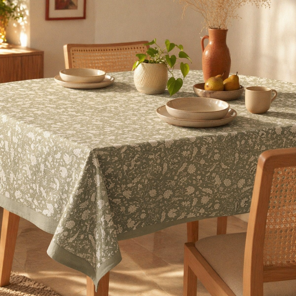 Floral Cotton Hand-Printed 4-Seater Tablecloth, The Gathered Table. Handmade in India by House of Taraasha.