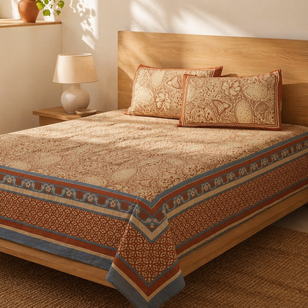 Chintz Ivory, Brick Red and Navy Bedsheet, The Linen Room. Handmade in India by House of Taraasha.