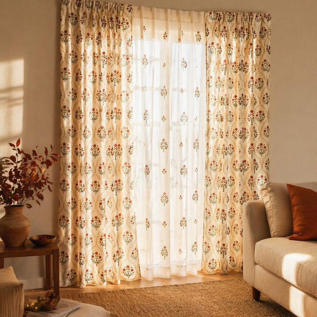 Royal Courtyards Rust & Maroon Printed-Sheer Set of Three, The Draped Window. Handmade in India by House of Taraasha.