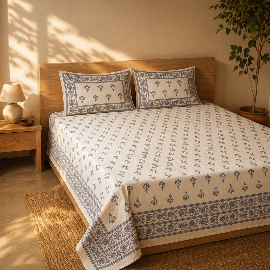 Off-White & Blue Hand-Printed Floral Bedsheet, The Linen Room. Handmade in India by House of Taraasha.